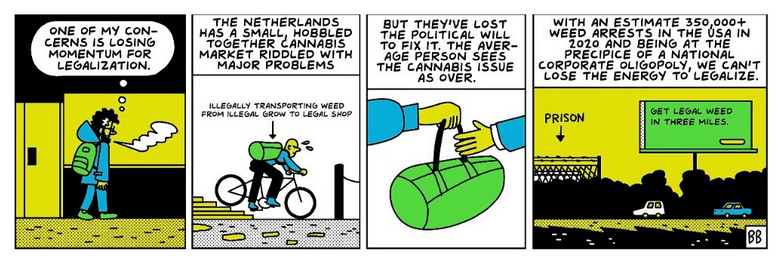 The image is a snippet of a comic strip called Legalization Nation by Brian "Box" Brown. His Website is BoxBrown.com