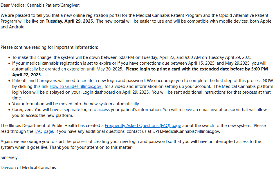 Picture of email that the Division of Medical Cannabis sent to patients and caregivers