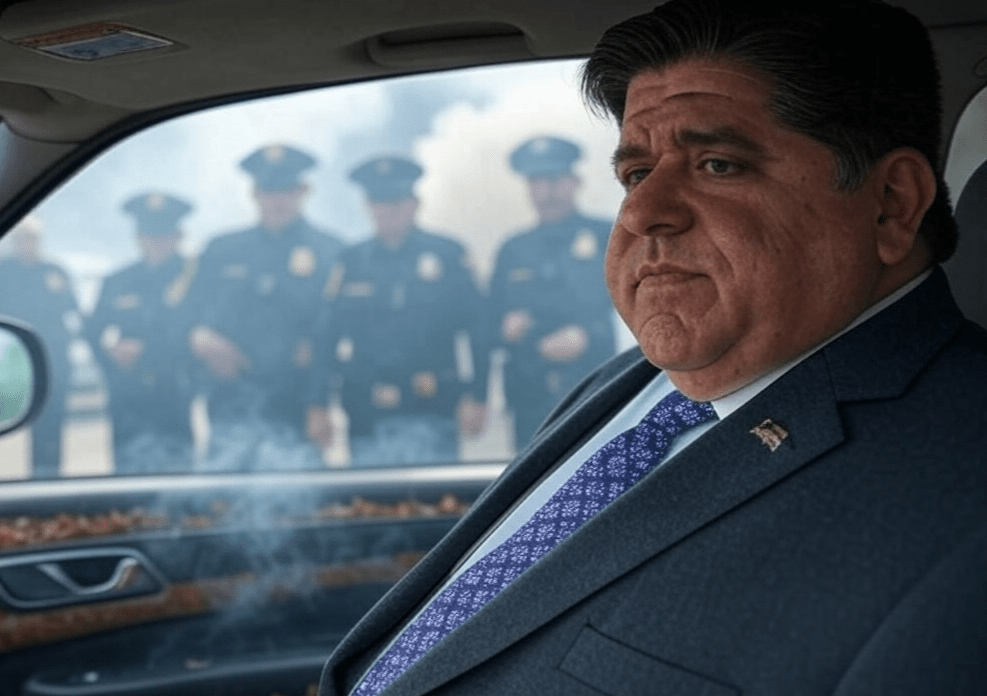 AI Generated Image of IL Governor JB Pritzker inside of a smoke-filled car with police looking into vehicle.